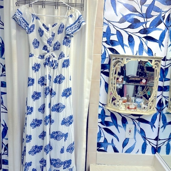 NWT Women’s Dress Day Saint Barth Blue & White Off The Shoulder Maxi Dress Sz L - Picture 2 of 16